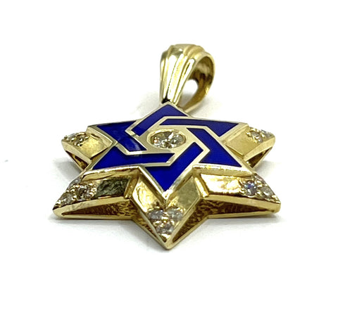 14K Gold & Diamond With Blue Enamel Star of David Necklace